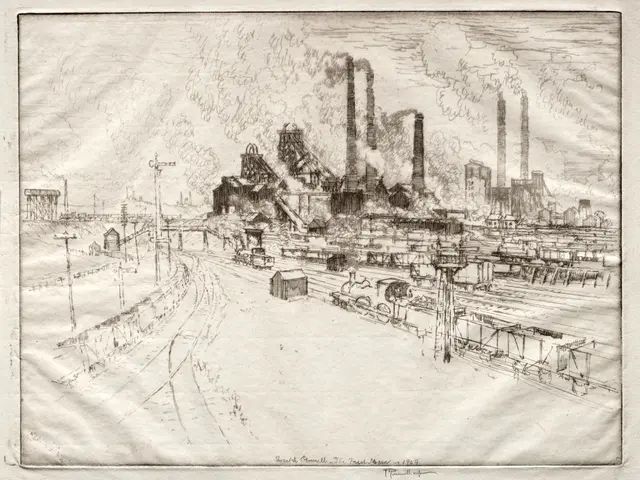 The image shows a drawing of a factory with smoke coming out of its chimneys, surrounded by...