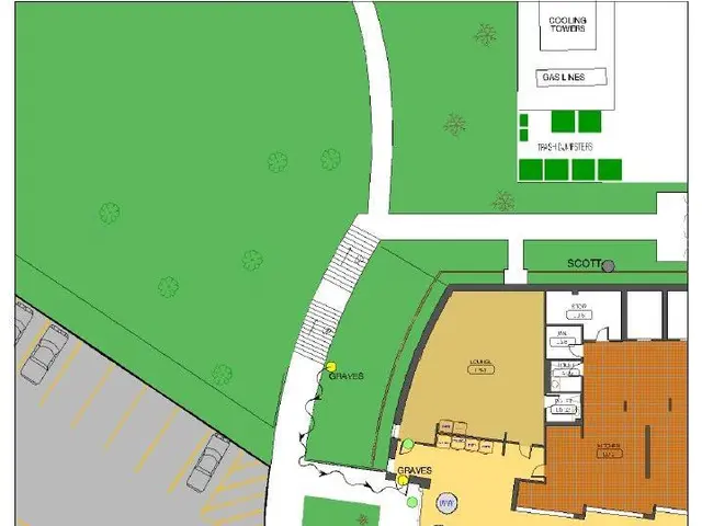 The image shows a site plan for a new school, with a map of the building and text detailing the...