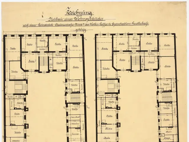The image shows a drawing of a floor plan of a building with a lot of rooms, which is believed to...
