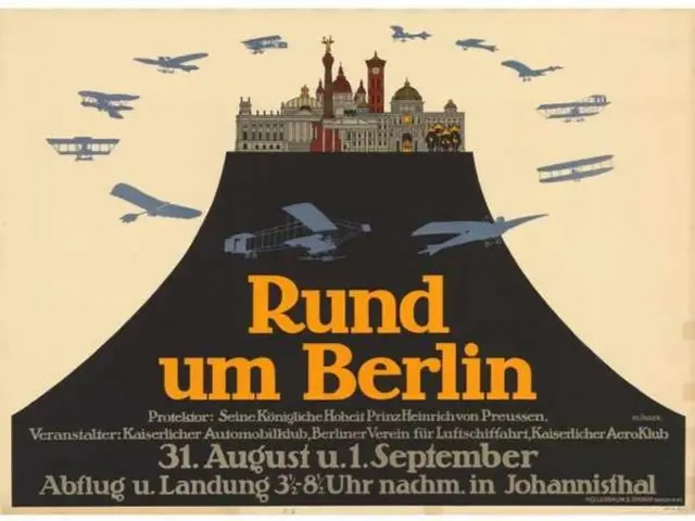 The image shows a poster advertising a Berlin air show, with a building in the background and...