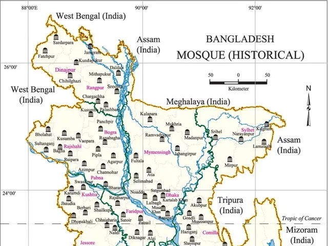 The image shows a poster with a map of Bangladesh, highlighting its historical significance. The...