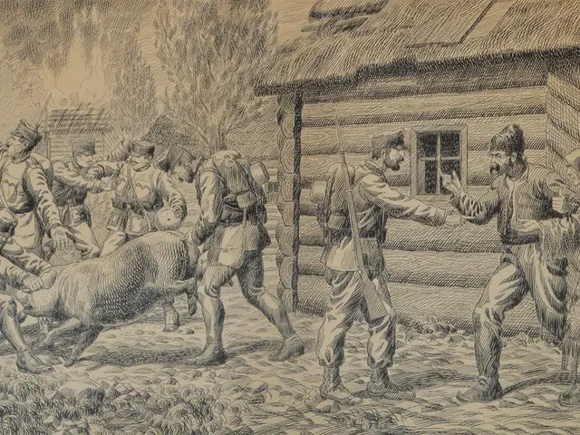 The image shows a group of people standing around a pig in front of a house, with trees in the...