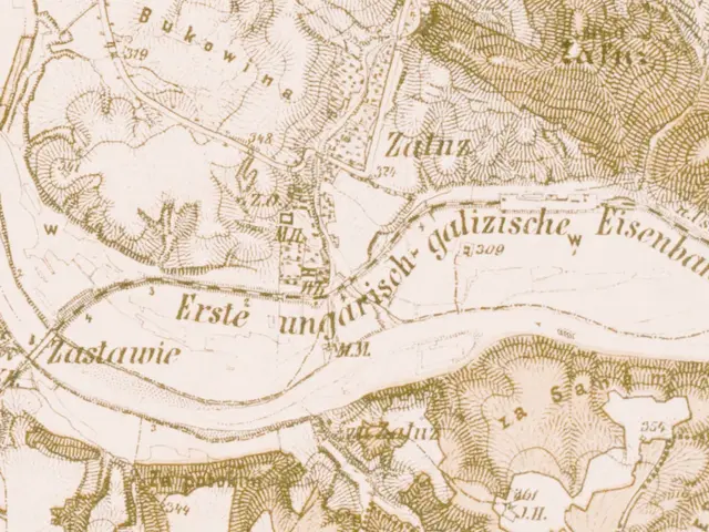 The image shows an old map of the city of Eisenbahn, Germany, with text written on it. The map is...