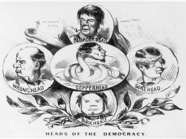 The image shows a poster with a black and white drawing of four heads of the democracy, each with a...