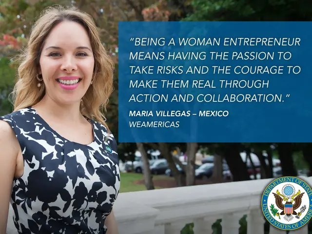 The image shows a woman in a black and white dress standing in front of a fence with a quote on it...