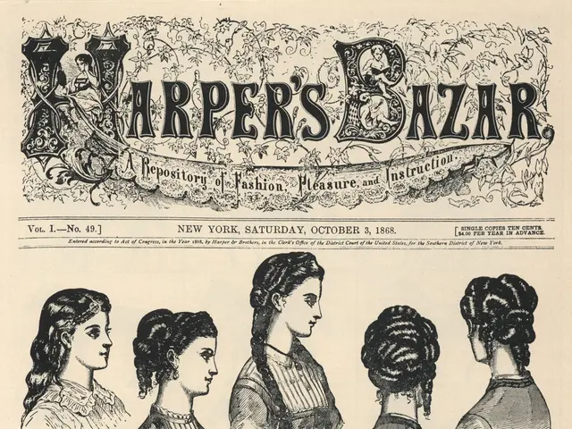 The image shows a paper with pictures of women with different hairstyles from Harper's Bazaar, a...