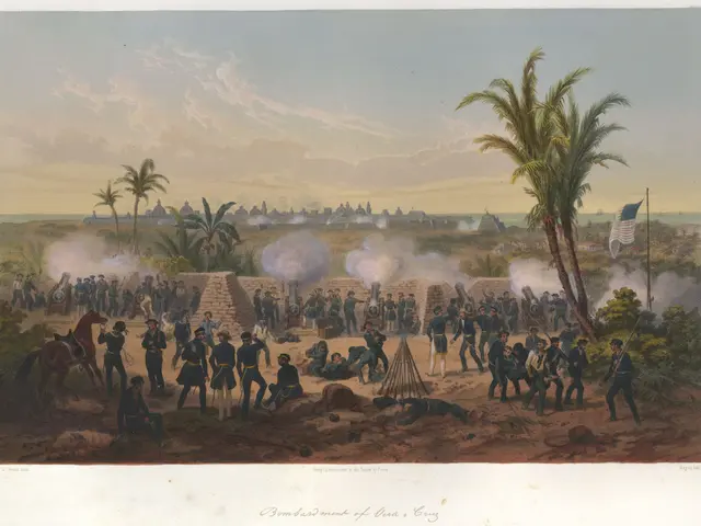 The image shows a painting of a group of men in military uniforms standing in front of a crowd of...