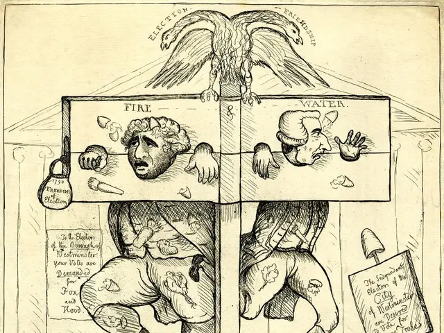 The image shows a cartoon depicting a man in a suit and tie standing in front of a crowd of people,...