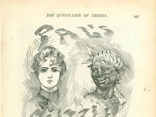 The image shows an old book with a drawing of four women's faces on it, each with a human face. The...