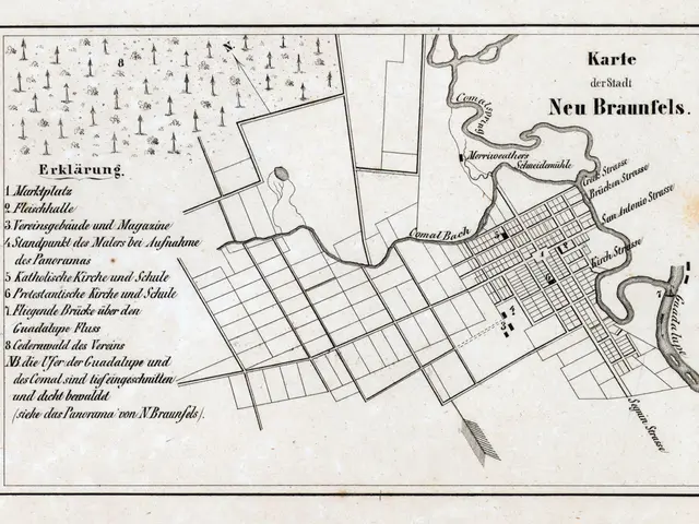The image shows an old map of the city of New Braunfels, Germany, with text written on it. The map...