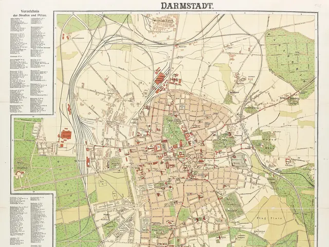 The image shows an old map of the city of Darmstadt, Germany. It is a detailed map with streets,...