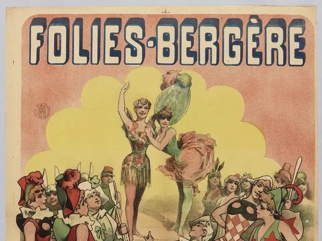 The image shows a poster advertising a ballet performance by Folies Bergere, featuring a group of...