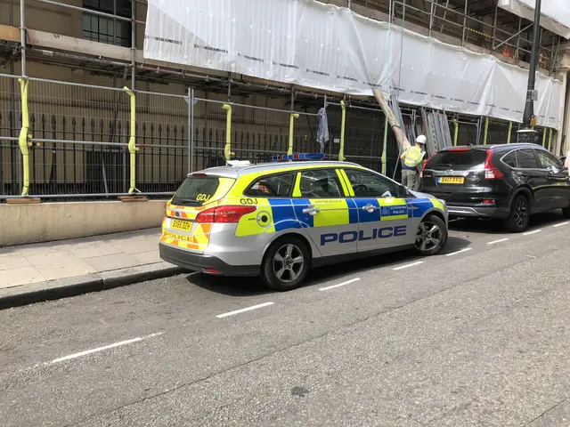 The image shows a police car parked on the side of a street next to a building, with two people...