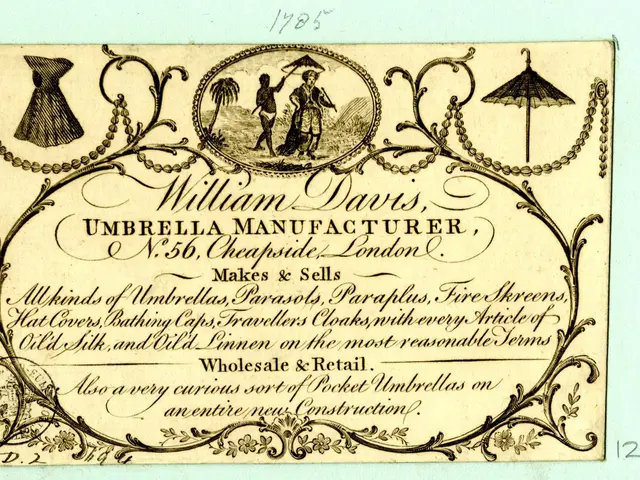 The image shows an old business card with a picture of William Davis, an umbrella manufacturer, on...