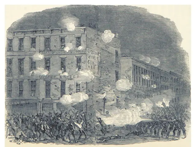 The image shows a poster depicting the fight between rioters and militia in New York City. It...