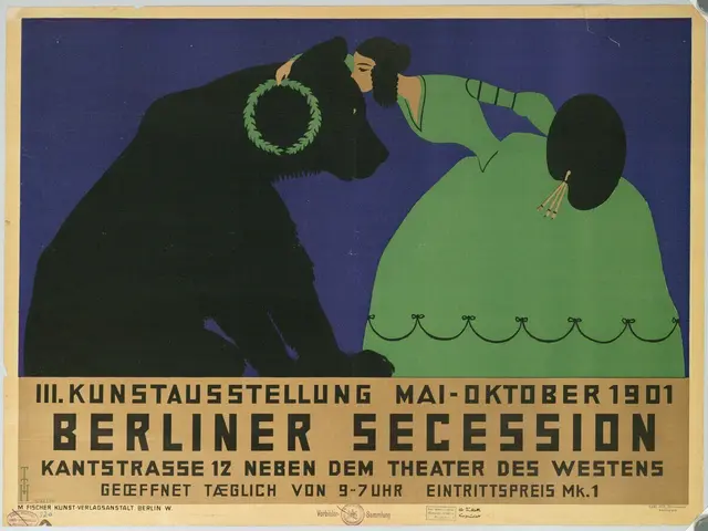 The image shows a poster for the Berliner Secession, featuring a woman in a green dress and a man...