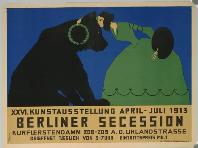 The image shows a poster for the Berliner Secession in 1913, featuring a woman and a dog. The...