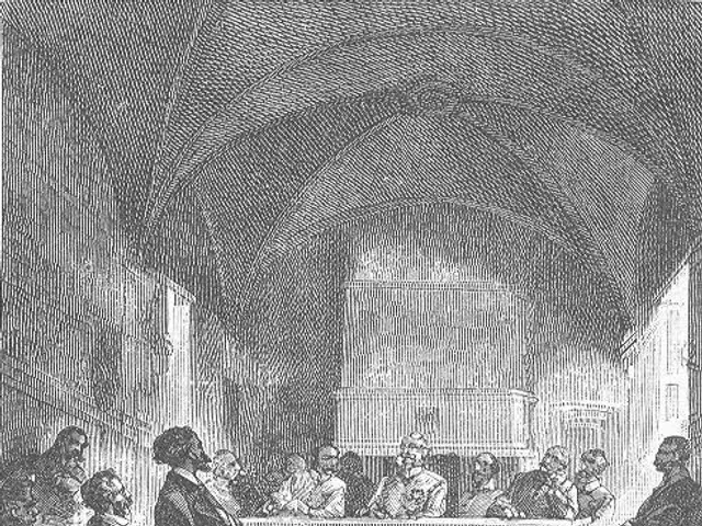 The image shows a black and white drawing of a courtroom scene with a man standing in front of a...