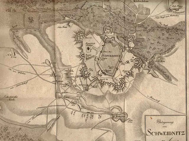 The image shows an old map of the city of Schweidnitz, Germany, with text written on it. The map is...