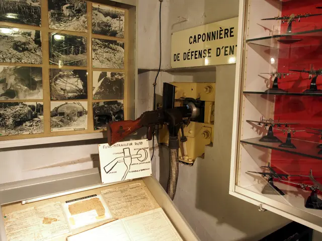 The image shows a display case filled with lots of different types of military equipment, including...