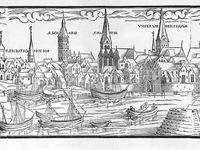 The image shows a black and white drawing of a city with boats in the water, depicting the city of...
