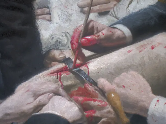 In this image we can see the hands of a person holding a knife and cutting the skin of a man. We...