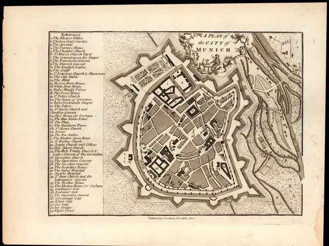 The image shows an old map of the city of Munich, Germany, with a black background. The map is...