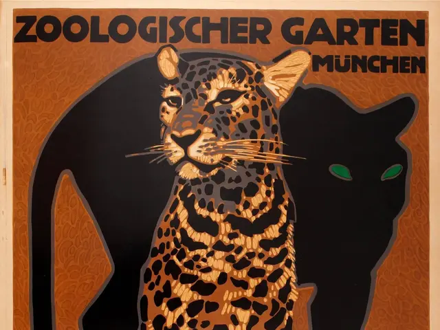 The image shows a poster advertising a zoo in Munich, Germany, featuring a leopard and a cat. The...