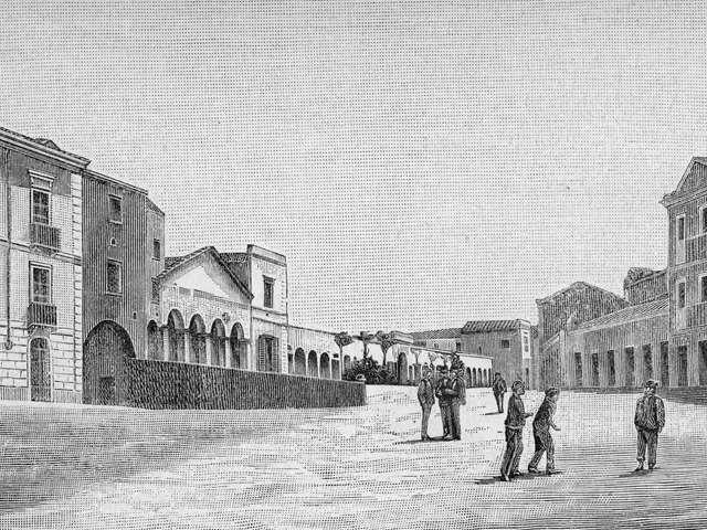 The image shows a black and white drawing of people walking down a street in a city, with...