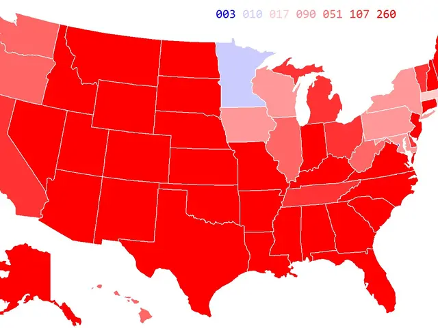 The image shows a map of the United States with red and blue colors indicating the percentage of...