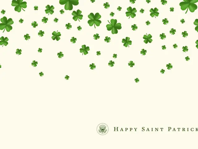 The image shows a festive St. Patrick's Day background with a white background and green shamrocks...