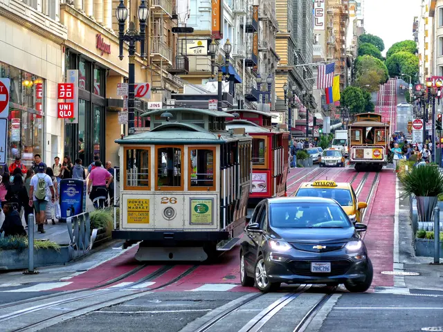 The image shows a bustling city street in San Francisco, California, with vehicles on the road,...