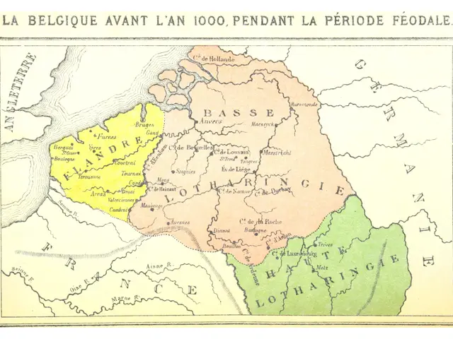 The image shows a poster of a map of Belgium with the provinces of France highlighted in different...