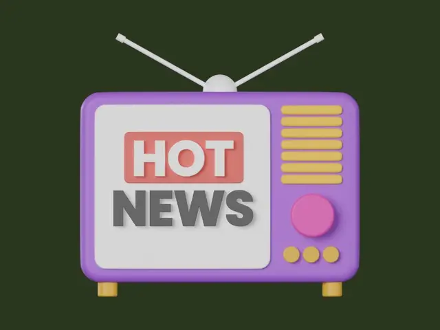 The image shows an old fashioned television with the words "Hot News" on it, set against a green...