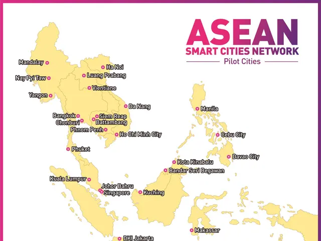The image shows a poster with a map of the ASEAN Smart Cities Network, highlighting the pilot...