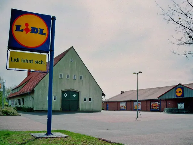The image shows a Lidl store with a sign in front of it, surrounded by houses, street poles, street...