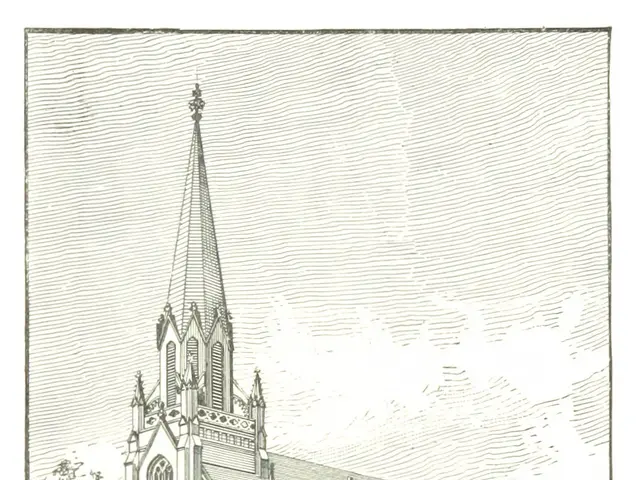The image shows a drawing of St. Paul's German Evangelical Church, with a tree in the foreground...