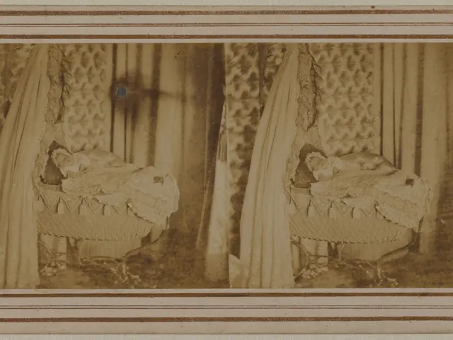 The image shows an old photo of a baby in a crib surrounded by curtains. The baby is peacefully...