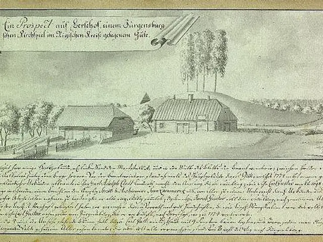 The image shows an old document with a drawing of a farm in the middle of a field, surrounded by...