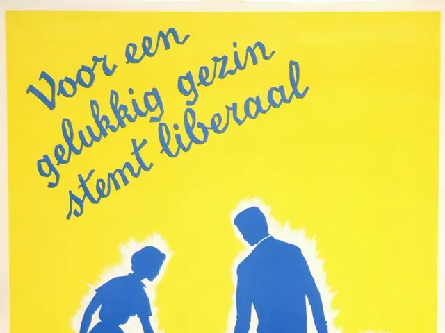 The image shows a yellow poster with a picture of a man, woman and two children, with the text...