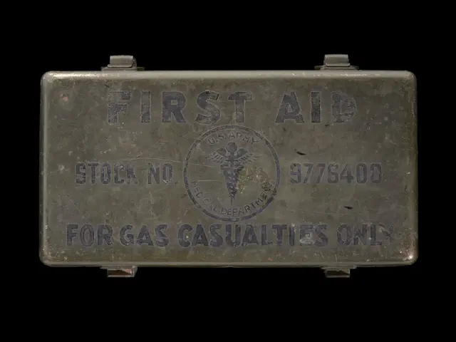 The image shows a metal first aid box with the words "First Aid for Gas Casualties Only" written on...