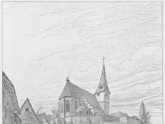 The image shows a black and white drawing of a street with a church in the background, surrounded...