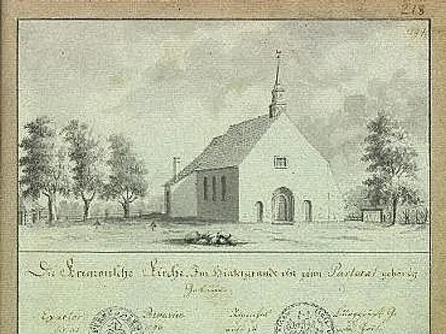The image shows an old document with a drawing of a church in the background, surrounded by trees...