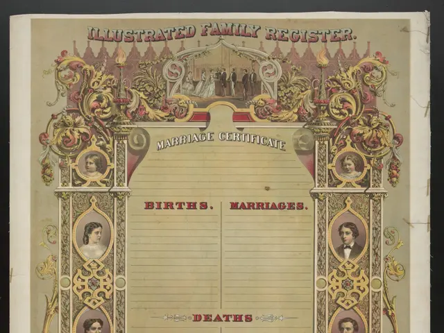 The image shows an illustrated family register marriage certificate with a black background. The...