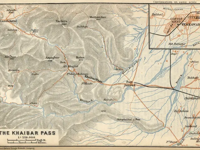 The image shows an old map of the Khabbar Pass, with text at the top and bottom of the paper. The...