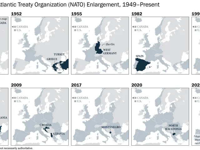 The image shows a map of the 73 years of the North Atlantic Treaty Organization (NATO) enlargement...