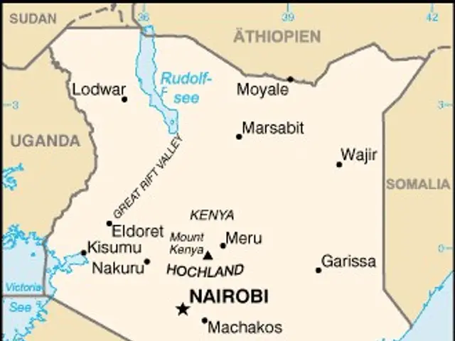 The image shows a political map of Nairobi, Kenya, with text and borders. It is a detailed map,...