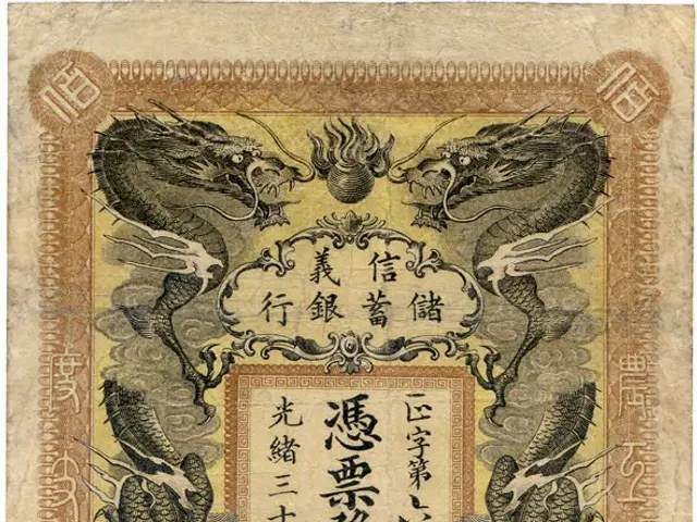 The image shows an old Chinese banknote with Chinese writing on it. The paper has a picture of two...