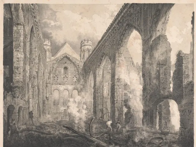 The image shows the ruins of St Stephen's Chapel in Edinburgh, Scotland, after the fire in October...