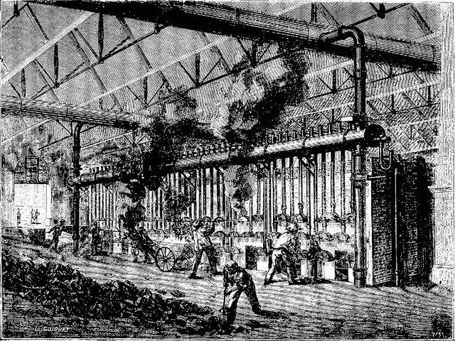 The image shows a black and white drawing of a factory with people working in it. At the bottom of...